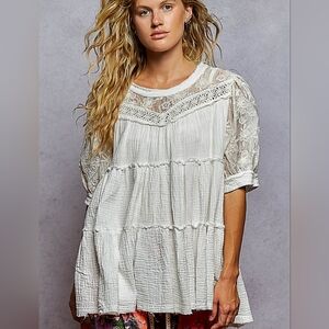 POL Lace Detail Tiered Round Neck Half Sleeve Blouse
